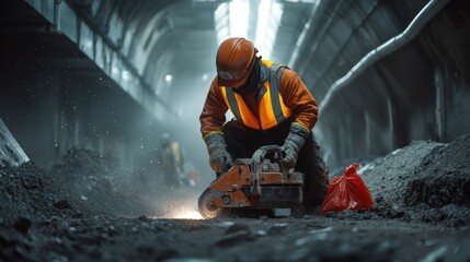 Construction worker using a circular saw in a dark tunnel, sparks flying.