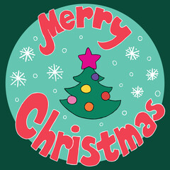 pink inscription with merry christmas and a decorated tree in the middle, on the background of an azure circle with falling snowflakes