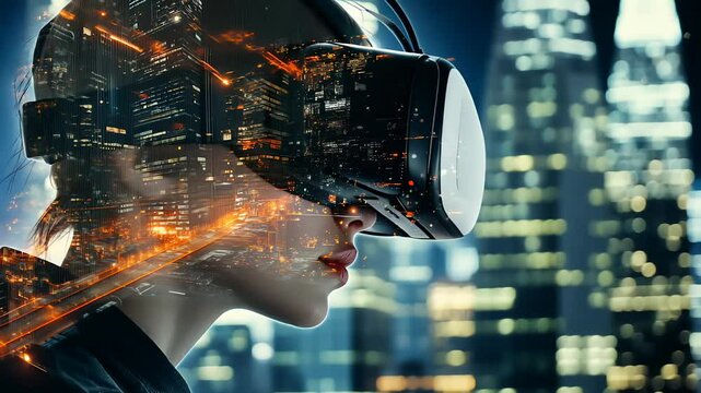 Double exposure photography of close up VR gamer and the beautiful sci-fi city, technology, headset, virtual, device, future, futuristic, modern, digital