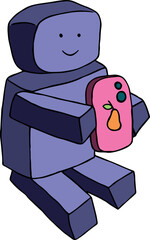 contented happy cute funny blue man with square head, square body, rectangular arms and legs sitting and looking at pink smartphone