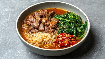 Fototapeta premium Close-up of hananese lamb chili spinach bowl culinary delight