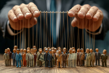 Puppeteer controlling multiple wooden figures symbolizing societal manipulation and influence