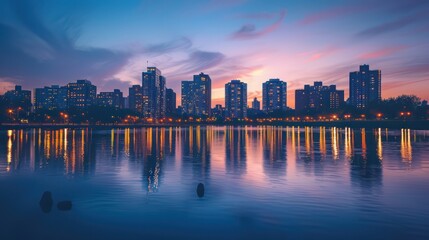 Fototapeta premium The image of a serene city skyline is reflected in the calm waters of the lake.