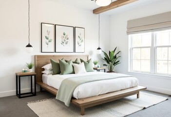 Fototapeta premium Modern Farmhouse Master Bedroom with Cozy White Walls and Sage Green Accents for a Warm and Inviting Atmosphere