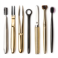 A collection of beauty and grooming tools arranged in a row.