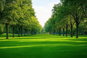 Obraz premium Tranquil green park landscape with lush trees and manicured lawn