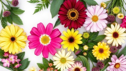 Beautiful flower collection background with a central white square surrounded by colorful blooms and greenery, blooms, greenery, collection