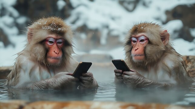 Two snow monkeys relax in hot spring. Hold smartphones, seem engrossed in devices. Snowy winter landscape background. Animals using tech in natural hot spring. Wild animals enjoy digital