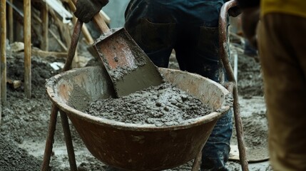 A construction worker mixing cement in a wheelbarrow, ready to apply to a building foundation, Cement mixing scene