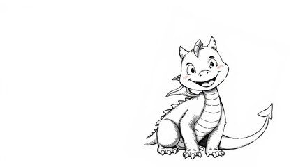Obraz premium Black and white drawing of a smiling dragon with spread wings, smile, mythical creature, isolated