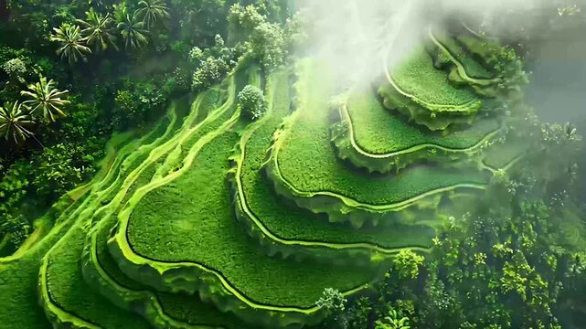 A view of a green terraced rice fields