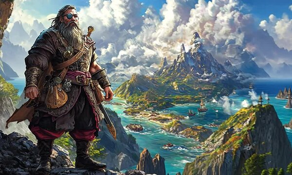 A majestic figure stands on a cliff, overlooking a vibrant landscape with mountains and water.