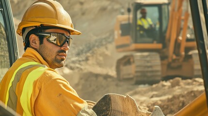 A construction worker operating heavy machinery, with a construction site in the background, focused on the camera