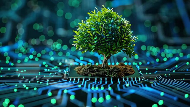 Tree with soil growing on the converging point of computer circuit board. Blue light and wireframe network background. Green Computing, Green Technology, Green IT, csr, and IT ethics Concept