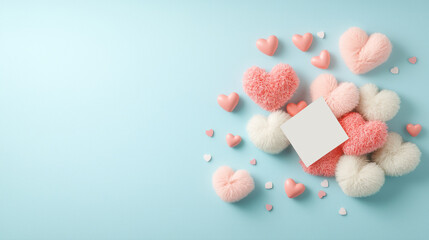 A collection of plush hearts in pink and white colors, arranged on a light blue background with a blank card for messages.
