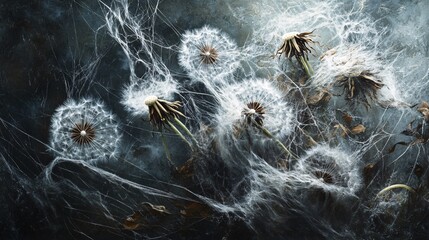 Fototapeta premium Dandelion seeds trapped in spider webs creating surreal dark atmosphere