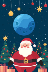 Santa claus with christmas ornaments and moon in background greeting card