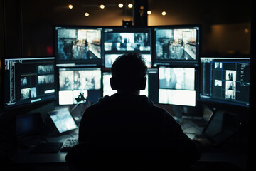 Man in dark room monitoring multiple security screens in a high tech environment