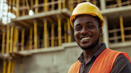A construction worker smiling at the camera, with an unfinished building structure behind, Construction site scene