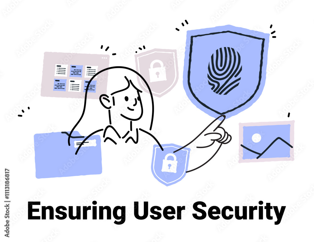 Poster user security concept with person interacting with shield icons and digital elements in blue and gra