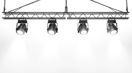 A setup of stage lighting fixtures hanging from a truss, illuminating a blank backdrop.