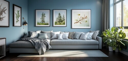 Scandinavian loft bedroom with sky-blue walls, dark mahogany floors, a pale gray sectional sofa, and framed nature prints.