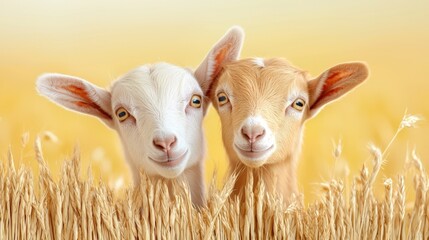 Obraz premium Two adorable goat kids peek out from a field of golden wheat, embodying charm and innocence in a serene rural setting.