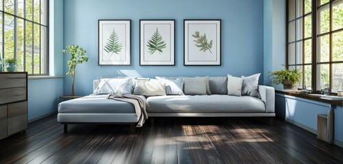 Scandinavian loft bedroom with sky-blue walls, dark mahogany floors, a pale gray sectional sofa, and framed nature prints.