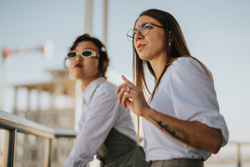 Two business workers taking a break outside, enjoying the sunshine. They represent a multicultural and multiracial team, relaxed and engaged in conversation. Captures workplace diversity and