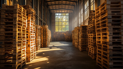 Sunlit warehouse interior filled with stacked wooden pallets