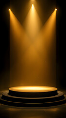 Three spotlights illuminate a tiered circular stage in a dark room, creating a dramatic, awardceremonylike atmosphere. Golden light enhances the scenes elegance.