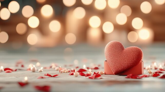 A heart-shaped decoration surrounded by rose petals and soft glowing lights creates a romantic atmosphere.