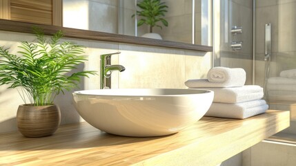 Fototapeta premium Modern Bathroom Serenity: Luxurious Sink, Towels, and Plant