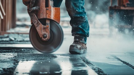 A construction worker using a concrete saw to cut through a slab on a construction site, Concrete cutting scene, Precision equipment style