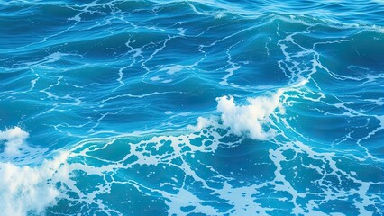 Naklejka premium Blue turquoise ocean water with waves breaking and foamy seawater, blue turquoise ocean., wave texture, sea surface waves, turquoise ocean