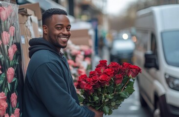 Smiling man unloading bouquets of red and pink roses. Candid street photography of flower delivery service. Valentine's Day and romantic gifting concept