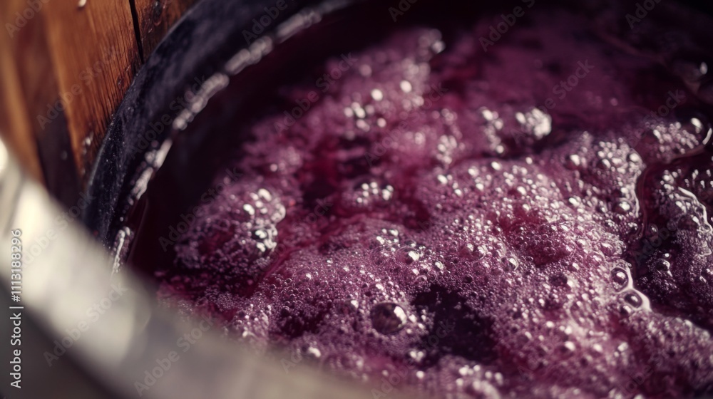 Poster bubbles rise in a wooden barrel as grape juice undergoes natural fermentation, transforming into win