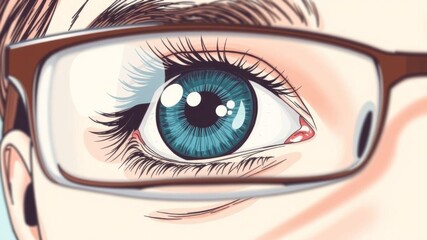 Close up drawing of eye reflection in glasses frame, artistic illustration, vision concept, illustration, eye care, optical
