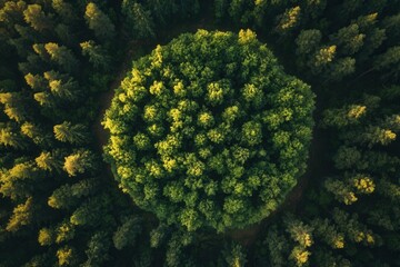 Aerial view of a circular grove of trees in a forest.