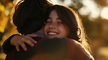 Close-up of young couple hugging in a golden hour park, capturing joy and connection.