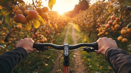 Riding a bike along a winding path through an orchard filled with ripe fruits under the warm glow of the setting sun.