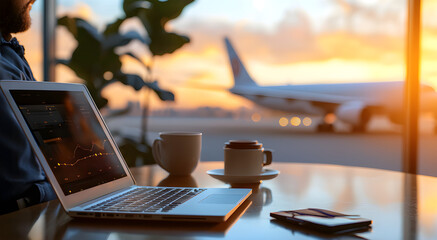 Bleisure travel concept. A person working on a laptop at an airport café during sunset with an airplane in the background.