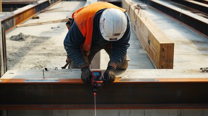 A construction worker using a laser level to check the alignment of steel beams for a commercial building, Beam alignment check scene, Commercial construction style