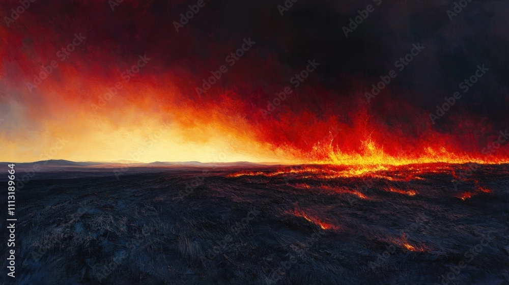 Canvas Prints Fiery landscape, inferno consuming plains, apocalyptic sunset.