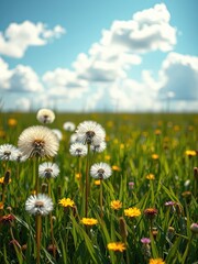 Obraz premium Dandelions growing in a lush green meadow on a sunny day, nature, wildflowers, outdoor scene, rural landscape