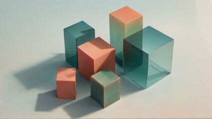 Obraz premium Abstract arrangement of translucent teal and peach cubes in pastel tones with soft lighting and modern minimalist aesthetics.