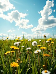 Dandelions growing in a lush green meadow on a sunny day, outdoor scene, wildflowers
