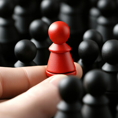 Red pawn being held above black pawns representing standing out and leadership