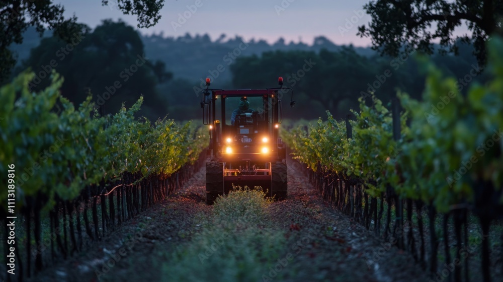 Poster A tractor equipped with bright lights maneuvers through lush rows of grapevines at twilight. The natural landscape showcases the vineyard's beauty during the busy harvest period.