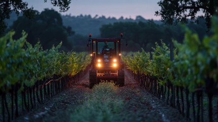 A tractor equipped with bright lights maneuvers through lush rows of grapevines at twilight. The natural landscape showcases the vineyard's beauty during the busy harvest period.